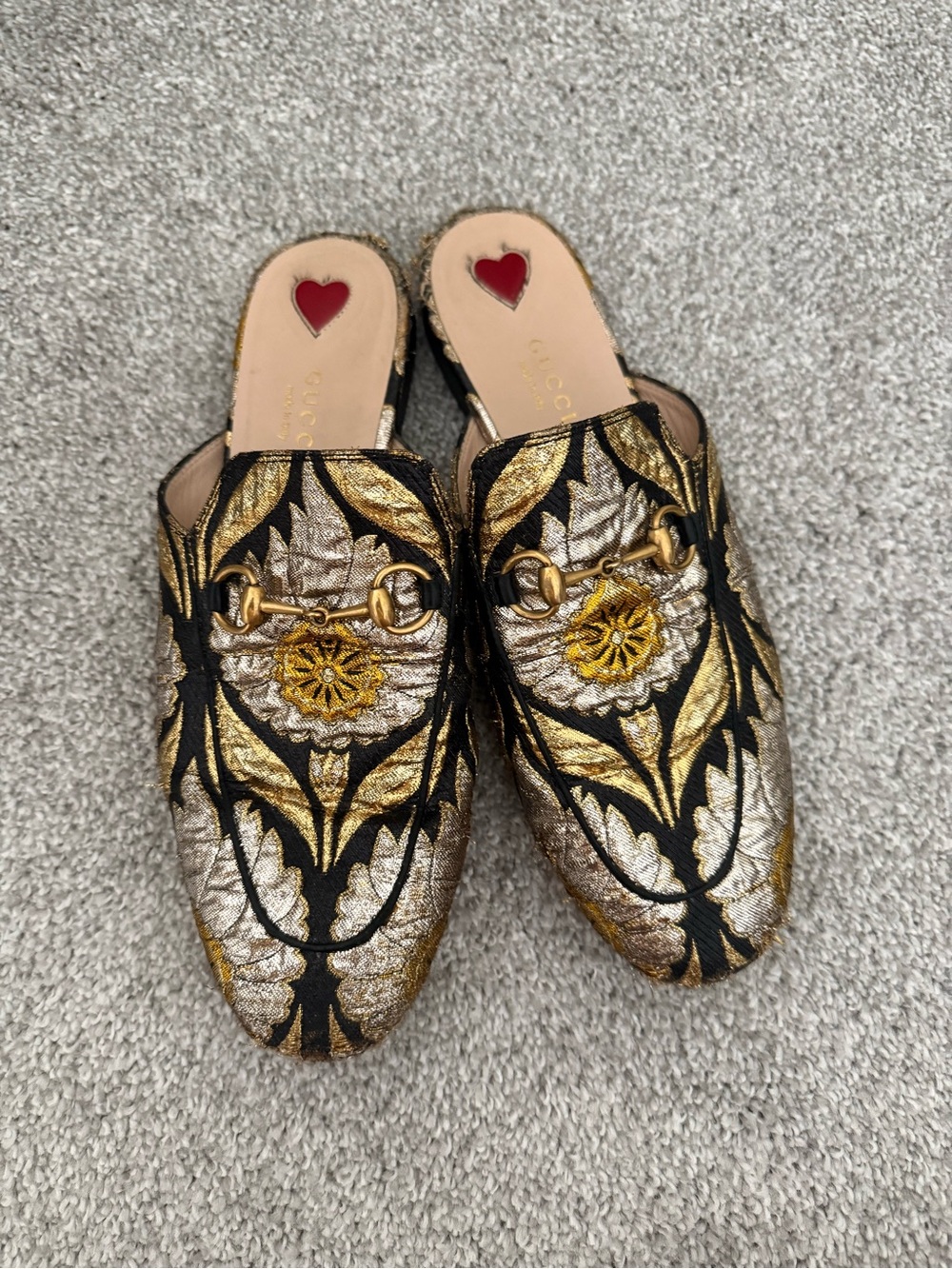 Gucci Black, Gold and Silver Embroidered Horsebit Mules